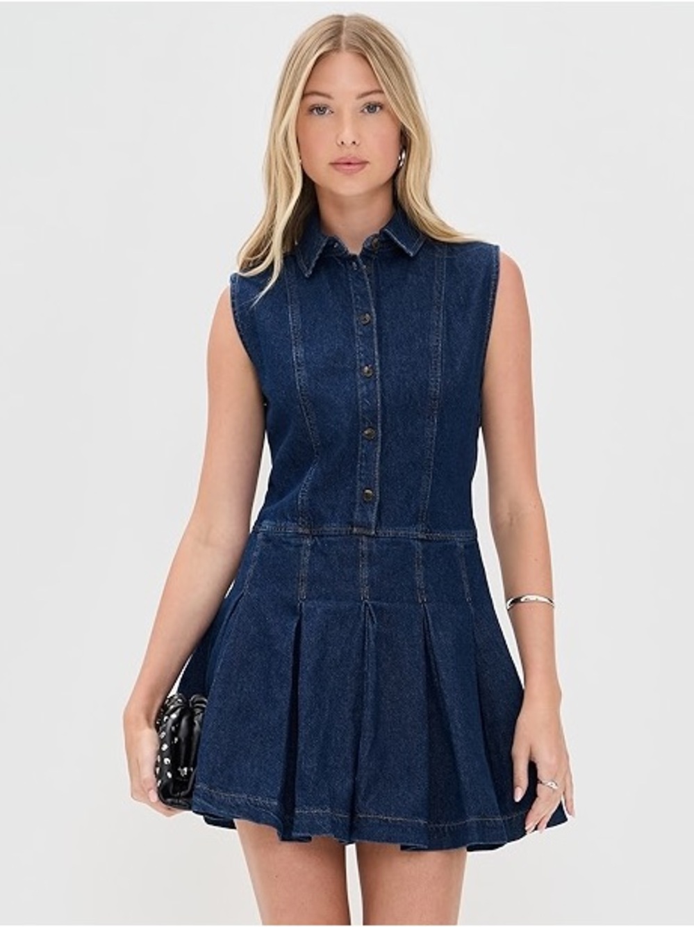 NWT Reformation Arella Denim Pleated Mini Dress - Picture 2 of 6